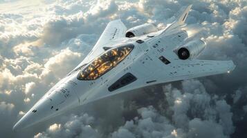 A futuristic spaceplane soars through the sky, showcasing innovative propulsion systems and sleek design while navigating clouds at high altitude during a test flight. photo