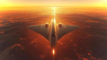 A cutting edge spaceplane ascends during sunrise into the sky, marking the beginning of a hypersonic flight, showcasing advancements in aerospace technology and propulsion systems. photo