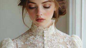 A woman with delicate features wears a beautifully detailed lace dress while striking a graceful pose inside a well-lit room. Her captivating expression highlights classic elegance and style. photo