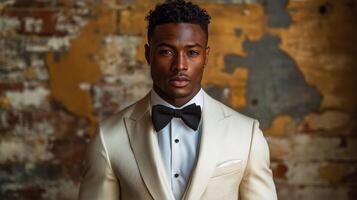 A male model stands confidently, wearing a cream tuxedo and bow tie, in front of a vintage wall featuring distressed textures and colors. photo