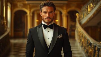 A well-dressed man stands in a lavish venue adorned with gold details. He wears a classic tuxedo, exuding charisma and style. The ambiance is refined and inviting. photo