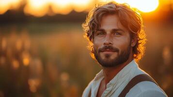 A young man with wavy hair stands in a golden field, illuminated by the warm glow of a sunset. He wears a light shirt and has a serene expression, enjoying the peacefulness of the moment. photo
