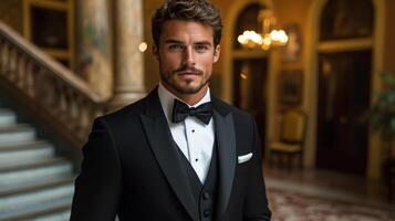A well-dressed man poses in a formal suit in a luxurious hall featuring ornate architecture and soft lighting. His confident expression enhances the elegant surroundings. photo
