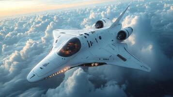 A sleek spaceplane glides effortlessly above the clouds, demonstrating advanced propulsion technology and innovative designs for future aerospace endeavors in hypersonic travel. photo