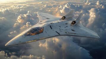 A sleek spaceplane glides gracefully above the cloud layer in a high altitude hypersonic test flight, demonstrating cutting edge propulsion and aerodynamics innovation in aerospace. photo