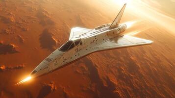 A revolutionary spaceplane is seen executing a hypersonic flight maneuver above the rugged terrain of Mars, showcasing advanced propulsion technology and airlaunch capabilities. photo