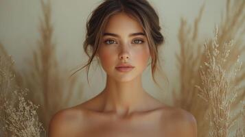 A young woman displays natural beauty, posed elegantly against a neutral background. Dried plants frame her, enhancing the serene atmosphere and soft lighting that highlights her features. photo