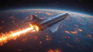 A futuristic spaceplane utilizes advanced electromagnetic propulsion to achieve hypersonic speeds, soaring above Earth's atmosphere amidst glowing city lights. photo