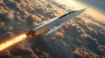 A spaceplane is soaring above the clouds, showcasing cutting edge propulsion technology as it engages in hypersonic flight. The craft generates a powerful flame as it accelerates. photo