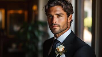 A groom stands poised in a well-fitted tuxedo, exuding elegance and charm. A delicate boutonniere rests on his lapel, complementing the classy indoor backdrop, creating a serene atmosphere. photo