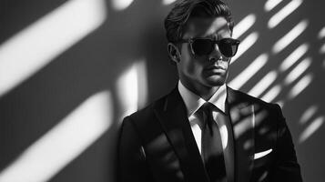 A stylish man stands confidently in a tailored suit, wearing sunglasses. Striking shadows create a dramatic backdrop, enhancing the atmosphere of sophistication and allure in this chic environment. photo