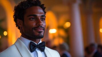 A well-dressed man with curly hair stands confidently in a tuxedo and bowtie at a gala event. The warm ambiance and blurred background create a festive atmosphere in the evening setting. photo