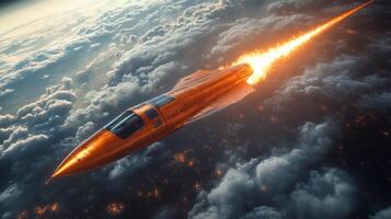 A hypersonic rocket accelerates powerfully through the atmosphere, leaving a bright trail of flames as it tests cutting edge propulsion systems amidst a backdrop of clouds. photo