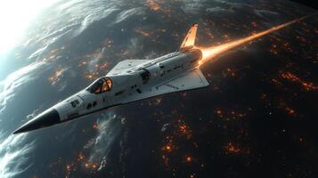 A spaceplane launches into the dark atmosphere, showcasing a trail of flames and bright lights against the backdrop of Earth. This represents advanced propulsion in aerospace. photo