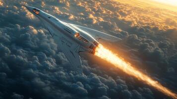 A state of the art rocket ascends into the atmosphere, leaving a trail of fiery propulsion as it conducts a hypersonic test flight, highlighting significant advancements in aerospace innovation photo