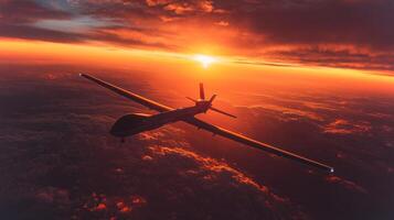 A sleek spaceplane performs a rocket launch against a stunning sunset backdrop, demonstrating cutting edge aerospace technology and hypersonic capabilities high in the atmosphere. photo