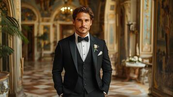 A well-dressed man poses with confidence in a grand hotel lobby adorned with stunning architecture. He wears a tuxedo with a bow tie, making a striking impression at the evening gathering. photo