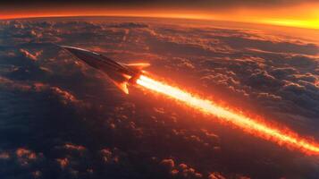 A powerful rocket ascends swiftly into the hypersonic atmosphere, leaving a vivid trail of flames as it pierces through clouds at sunset, highlighting advances in aerospace technology. photo