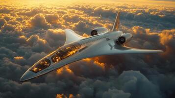A futuristic spaceplane glides gracefully above vibrant clouds during sunset, demonstrating cutting edge design and hypersonic capabilities in aerospace innovation. photo