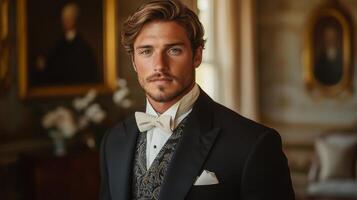 A well-dressed young man stands in a sophisticated room adorned with classic artwork and ornate details. His confident gaze and stylish attire create a striking impression. photo