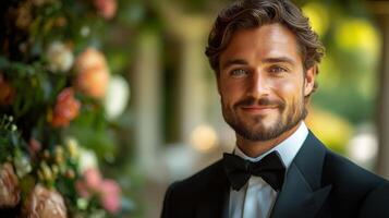 A well-dressed man with a charming smile stands against a beautifully arranged floral backdrop in a vibrant garden. It captures the joyful atmosphere of a special celebration. photo