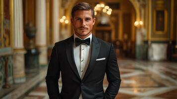 A poised man wears a classic tuxedo, exuding charm in a grand hall. The ornate architecture and soft lighting enhance the sophisticated atmosphere, showcasing elegance and style. photo