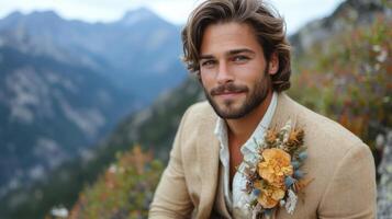 A stylish man with wavy hair and a trimmed beard smiles gently while wearing a beige suit with a floral boutonniere. He is surrounded by rugged mountains and vibrant greenery during daylight. photo