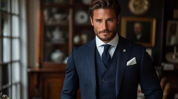 A well-dressed man exudes sophistication in a tailored navy suit and crisp white shirt. He poses in a vintage room filled with ornate decor and captivating artwork, creating a stylish ambiance. photo