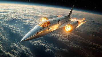 A futuristic spaceplane ascends into the hypersonic atmosphere, showcasing advanced propulsion technology as it soars above thick clouds, representing leaps in aerospace innovation. photo