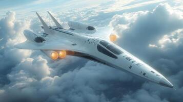 An innovative aerospace vehicle equipped with electromagnetic propulsion engines performs a test flight through the clouds, showcasing its capabilities in hypersonic airlaunch scenarios. photo