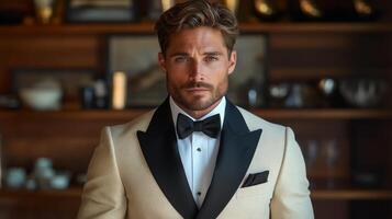 A man dressed in a cream tuxedo with a black bow tie stands confidently. He has tousled hair and piercing blue eyes, radiating elegance in a refined setting. photo
