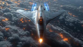 A cutting edge spaceplane ascends at hypersonic speeds above the cloud layer, showcasing futuristic propulsion methods and aerospace innovation against a fiery glow of Earth's surface. photo