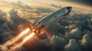A rocket ignites its engines, ascending through the clouds as it embarks on a groundbreaking journey into space, demonstrating cutting edge aerospace innovations. photo