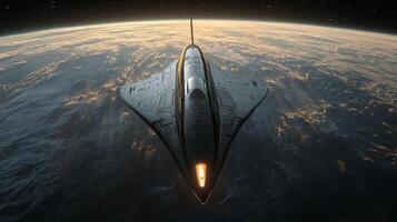 Advanced spaceplane showcasing its aerodynamic design prepares for a hypersonic launch, offering a breathtaking perspective of Earth's surface and the curvature of the planet. photo