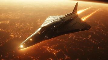 A sleek spacecraft launches into the atmosphere, showcasing innovative hypersonic propulsion technology as it leaves fiery trails against the backdrop of Earth's surface. photo