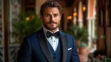 A well-groomed man wearing a classic suit stands confidently in an ornate indoor space filled with decorative elements. Soft lighting enhances the sophisticated atmosphere. photo