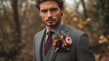 A sharply dressed man stands confidently in a wooded area adorned with autumn foliage. He wears a tailored suit with a rich floral boutonniere, exuding charm and sophistication. photo