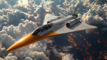 A futuristic spaceplane navigates through the upper atmosphere, featuring sleek design and cutting edge propulsion systems, illustrating advancements in aerospace engineering. photo