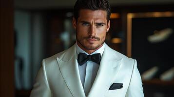 A well-dressed man is standing confidently in a sleek white tuxedo with a bowtie. He is in an upscale venue, exhibiting a sophisticated demeanor. The atmosphere is luxurious and refined. photo
