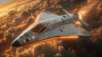 A futuristic spaceplane is soaring at hypersonic speeds above a dramatic expanse of clouds, illuminated by a stunning sunset. photo