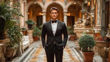 A well-dressed man in a tuxedo poses with confidence in a stunning courtyard filled with elegant plants and intricate sculptures, showcasing luxury and sophistication. photo