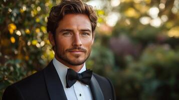 A well-groomed man in a tuxedo with a bow tie smiles confidently while standing amidst elegant outdoor scenery. Sunlight filters through leaves, enhancing the cheerful atmosphere. photo