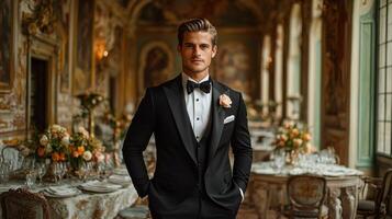 A well-dressed man in a tuxedo exudes confidence as he stands in a lavish dining hall adorned with elegant floral decorations. Soft light filters through large windows in the afternoon. photo