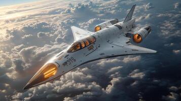A futuristic spaceplane executes a hypersonic flight, showcasing its unique design and propulsion system while soaring through the clouds during sunlight hours. photo