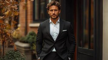 A young man dressed in a tailored black suit stands outdoors, exuding confidence. The urban backdrop features autumn foliage, showcasing a stylish yet sophisticated atmosphere. photo