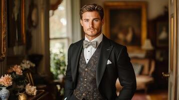A sharp-dressed man stands with poise in a refined vintage interior, wearing a tailored suit and bow tie, exuding sophistication and charm. photo