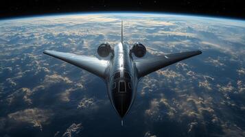 A sleek spaceplane glides gracefully above Earth's atmosphere, demonstrating cutting edge hypersonic propulsion technology and aerospace innovation against a backdrop of swirling clouds. photo