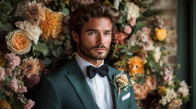 A well-dressed man poses confidently in a tuxedo with a bow tie, surrounded by a colorful array of flowers. The setting exudes sophistication, ideal for a formal occasion. photo