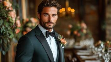 A well-dressed groom in a tuxedo stands proudly at an upscale wedding venue adorned with elegant floral arrangements and warm lighting. He exudes charm and sophistication. photo