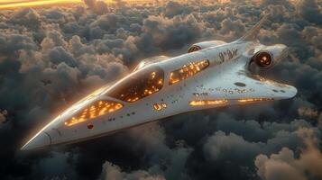A sleek spaceplane gliding above fluffy clouds as the sun sets, highlighting its futuristic design and propulsion capabilities, embodying the next era of hypersonic airlaunch innovation. photo